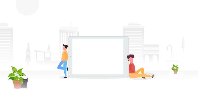 Animation2d character of two person sitting with tablet, template and mock up for presentation animated stock footage, front view