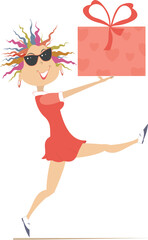 Young woman holding a big present box with ribbon. Smiling young woman in sunglasses celebrating birthday or important event. Illustration on white background