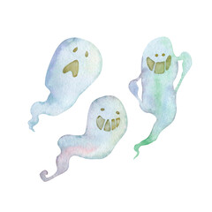 Three charming Halloween ghosts set. Hand drawn watercolor character illustration on white background. For invitation, creative design, postcard, stickers, t-short print, interior design.
