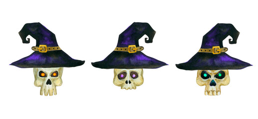 Three creepy Halloween skulls in witch hat on white background. Watercolor hand drawn illustration set for postcard, invitation, scrapbooking, stickers, t-short print, interior decor.