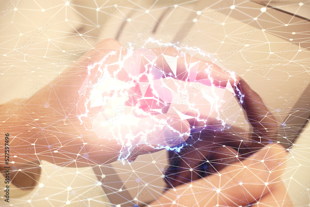 Aufkleber Double exposure of man's hand holding and using a digital device and brain hologram drawing. Data concept.