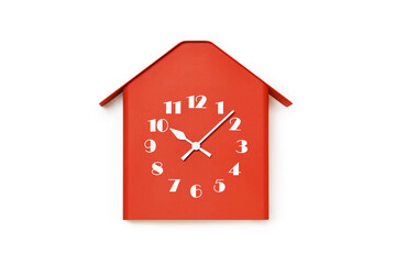 Red house shaped clock on white background