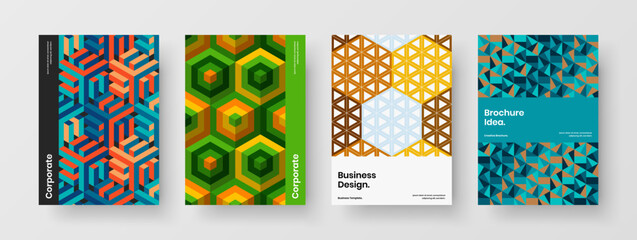 Vivid front page A4 vector design concept set. Bright geometric tiles banner layout collection.