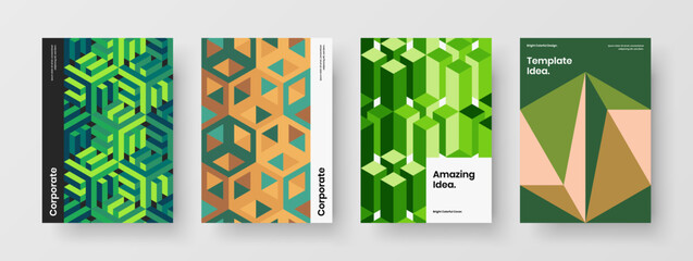 Clean mosaic hexagons company brochure template bundle. Multicolored cover design vector layout composition.