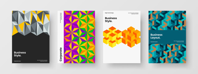 Fototapeta premium Colorful geometric shapes company brochure concept bundle. Isolated pamphlet vector design layout collection.