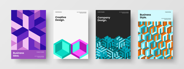 Fototapeta premium Colorful mosaic hexagons annual report template set. Vivid presentation A4 design vector concept collection.