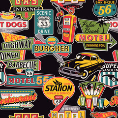 Vintage street sign board car motel station restaurant badges collection vector seamless pattern - obrazy, fototapety, plakaty