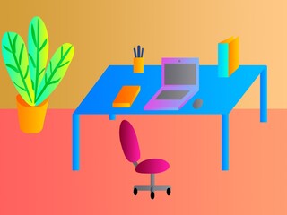 Home office with laptop on wooden table and other supplies. Workplace and lifestyle concept. illustration 