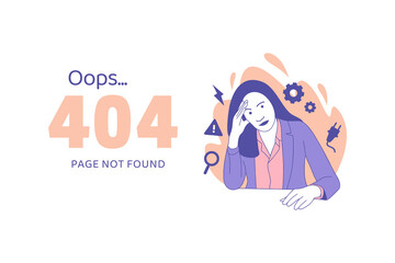 woman holding hands on head having disappointment for Oops 404 error design concept landing page
