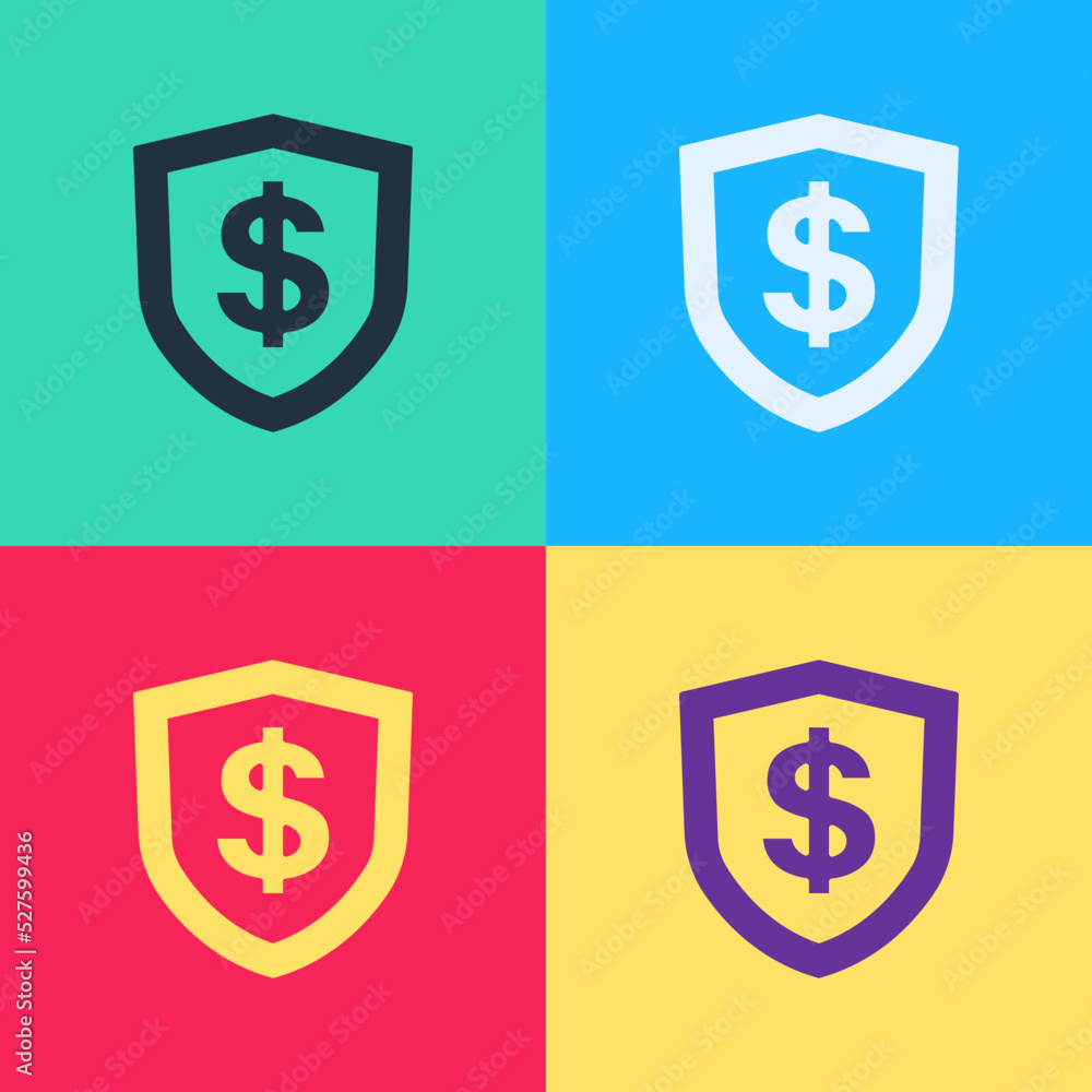 Poster pop art shield with dollar symbol icon isolated on color background. security shield protection. mon