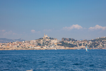 Skyline of Marseille with a view on the 7th arrondissement, Endoume district, Pointe d'Endoume and Pointe Cadiere from the Mediterranean sea 