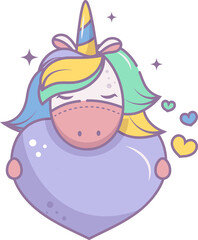 A cute unicorn is holding a heart. Frame with place for text. Children's illustration.