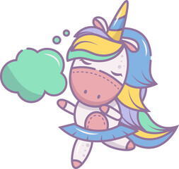 A cute unicorn is dancing. Kids illustration in kawaii style.