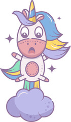 A cute unicorn is flying on the rainbow. Kids illustration in kawaii style.