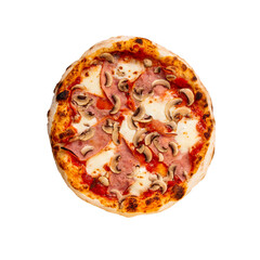 Fresh baked pizza with ham and mushrooms