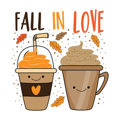 Fall in love - cute hand drawn pumpkin spice latte mugs and autumnal leaves. Good for T shirt print, poster, card, label and other decoration.