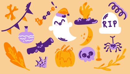 Halloween Flat Vector Set. Cute ghost, spider web, pumpkin, skull and autumn leaves