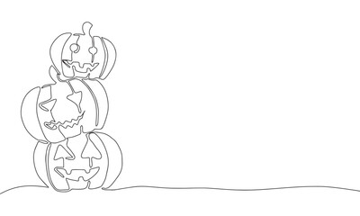 Stack of pumpkins for Halloween. Three pumpkin with face. Black white hand draw vector illustration. Outline line art one line