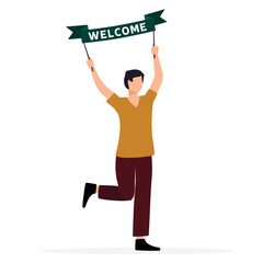 European man with ribbon welcome. Man hand up with welcome banner. Vector illustration