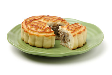 Mid-Autumn Festival moon cake on white background（Non-English texts translation :salt and...