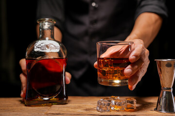 Bartender Serve Whiskey, on wood bar, 