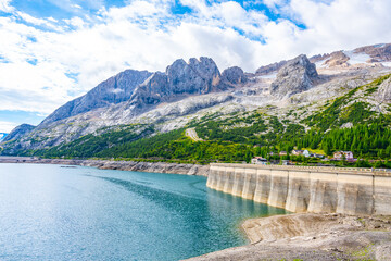 Obraz na płótnie Canvas Dam of Lago di Fedaia and Marmolada