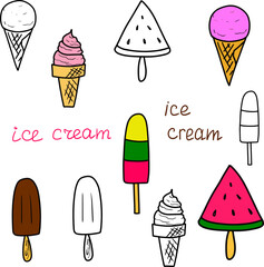 Drawn ice cream. Set of colorful tasty sweets. Summer. Children love. Sweet. Heat. Relaxation. Street food. Ice cream. A simple drawing of food. Icons.