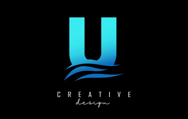 Water effect blue letter U logo with leading lines. Letter with geometric and waves design.Vector Illustration with letter and creative cuts.