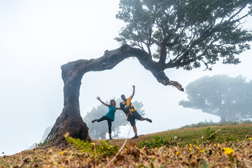 Fanal forest with fog in Madeira, a family with their baby under a laurel tree, mystical, mysterious