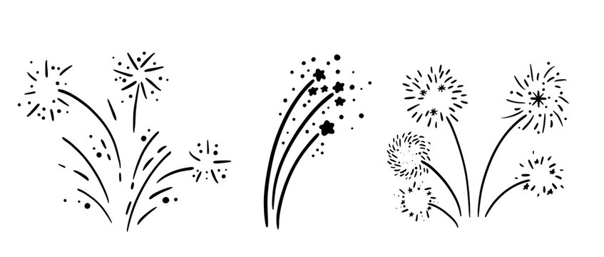 Doodle scribble sketch firework set collection. Shiny comic sparkle  fireworks explosion burst holiday, wedding, party. Vector monochrome bullet journal art isolated on white background