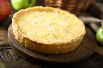 Traditional homemade apple pie with vanilla cream