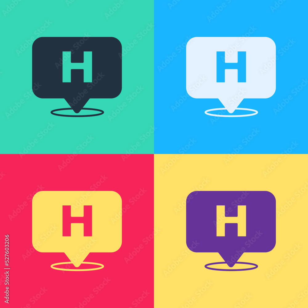 Poster pop art medical map pointer with cross hospital icon isolated on color background. vector