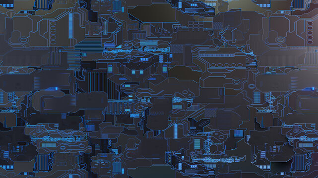 futuristic sci fi abstract texture background with detailed geometric lines and robotic technological shapes - 3d render of science fiction dark surface with blue glowing lights