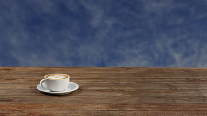 A coffee cup on wooden table and blue sky background