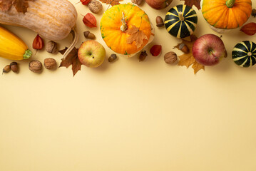 Autumn harvest concept. Top view photo of raw vegetables pumpkins gourd zucchini apples walnuts acorns maple leaves and physalis on isolated beige background with copyspace