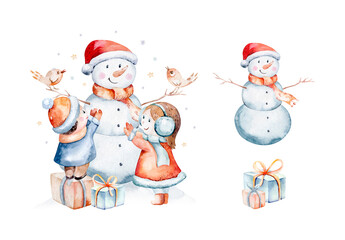 Watercolor Merry Christmas illustration with snowman, christmas tree, santa holiday invitation. Christmas gift celebration cards. Winter new year design.