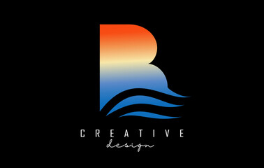 Sunset effect letter B logo with waves lines. Letter with geometric waves and sunset design.