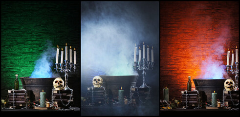Scary old skull and candles on ancient gothic fireplace. Halloween, witchcraft and magic concept....