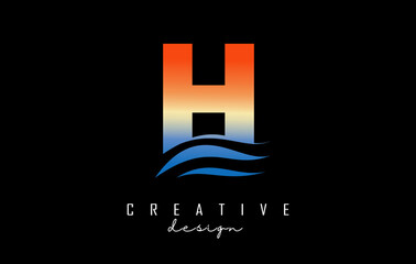 Obraz premium Sunset effect letter H logo with waves lines. Letter with geometric waves and sunset design.