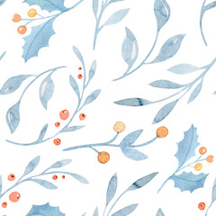 Watercolor Merry Christmas seamless pattern snowman, christmas tree, santa holiday invitation. Christmas gift celebration cards. Winter new year design.