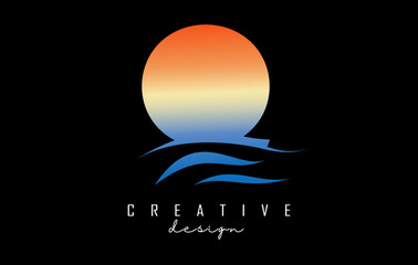 Sunset effect letter Q logo with waves lines. Letter with geometric waves and sunset design.