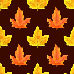 Seamless pattern with autumn maple leaves on a dark background, hand drawn in watercolor. Design for fabric, paper, wrapping, packaging.