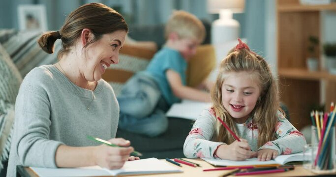 Family, education and homework, mother and girl doing a school assignment at home. Growth, kids development and learning, mom teaching and writing with daughter, fun and growth in living room