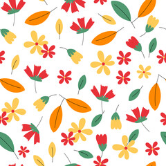 Fototapeta na wymiar Seamless pattern with acorns and autumn oak leaves in Orange, Beige, Brown and Yellow. Perfect for wallpaper, gift paper, pattern fills, web page background, autumn greeting cards.