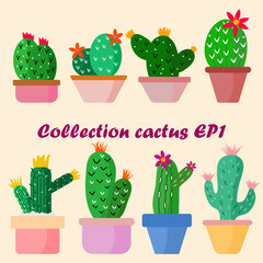 Collection of cactus with flowers on pots. Exotic plants. Natural decorative elements are separated from white.EP.1
