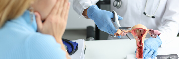Doctor climbing fallopian tube with scissors onto artificial models on uterus and ovaries in clinic
