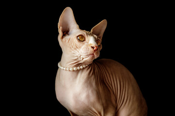 cat breed Canadian Sphynx in pearl beads on a black background