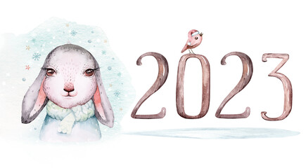 Watercolor new year baby bunny portrait illlustration poster and christmas wreath. Merry Christmas postcard cute cartoon rabbit in floral wreath. symbol of the year 2023. Trendy nursery design