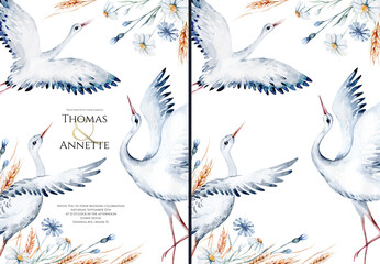 Watercolor stork bird and wildflowers with poppy, cornflower chamomile, rye and wheat spikelets . Wedding and baby shower invitation