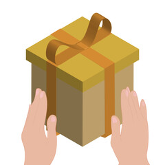 The hand holds a gift, a surprise, a sale.  Yellow box with gold ribbon, bow. To give a gift, to congratulate. Vector illustration.